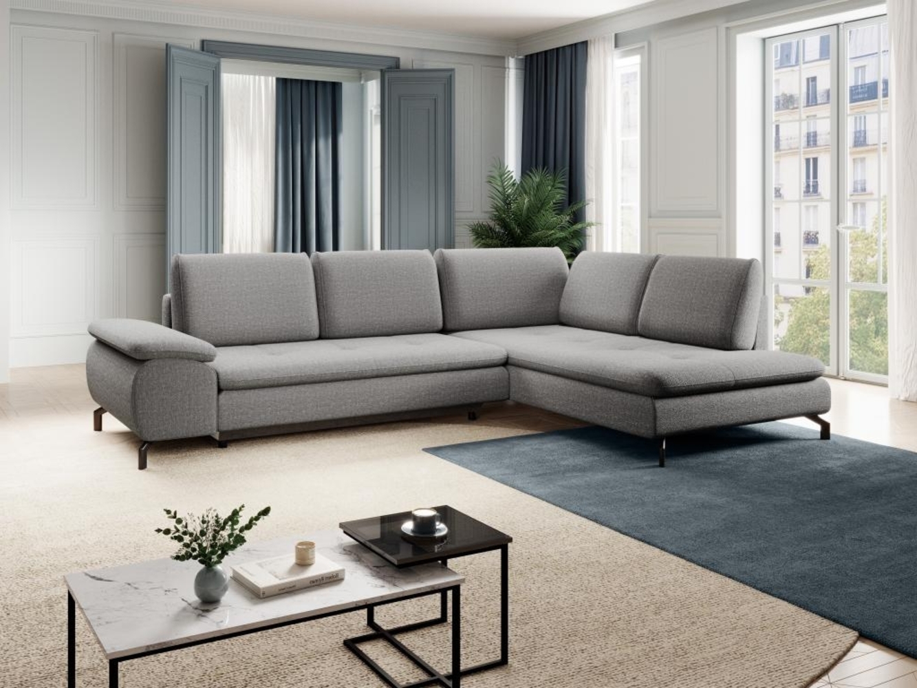 Vente-unique - Großes Ecksofa mit Schlaffunktion - Ecke rechts - Strukturstoff - Grau - ARCHIBALD Bild 1