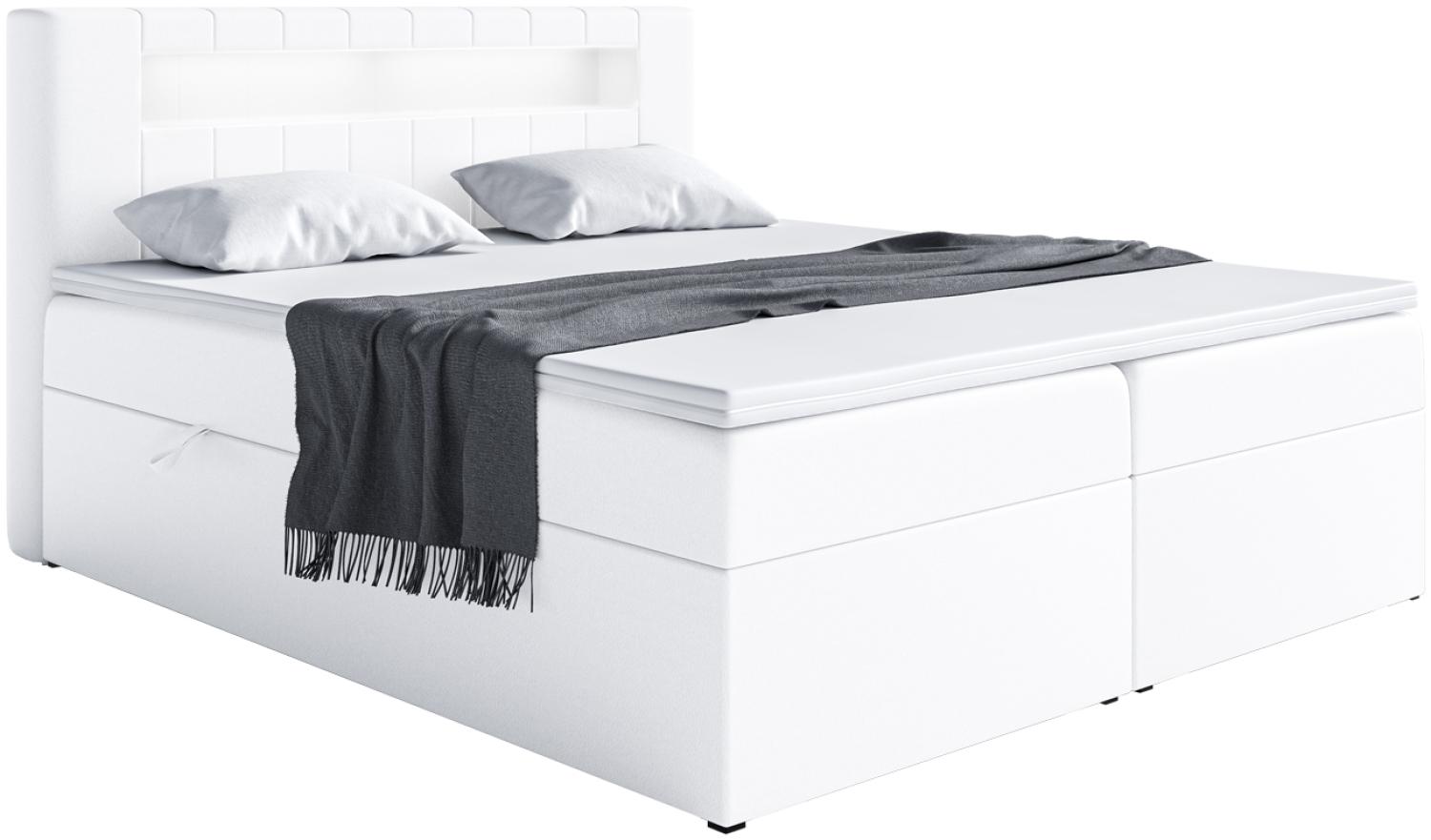 MEBLINI Boxspringbett ASPIN 140x200 cm mit Bettkasten und LED - H3/Weiß Kunstleder Polsterbett - Doppelbett mit Topper & Taschenfederkern-Matratze Bild 1