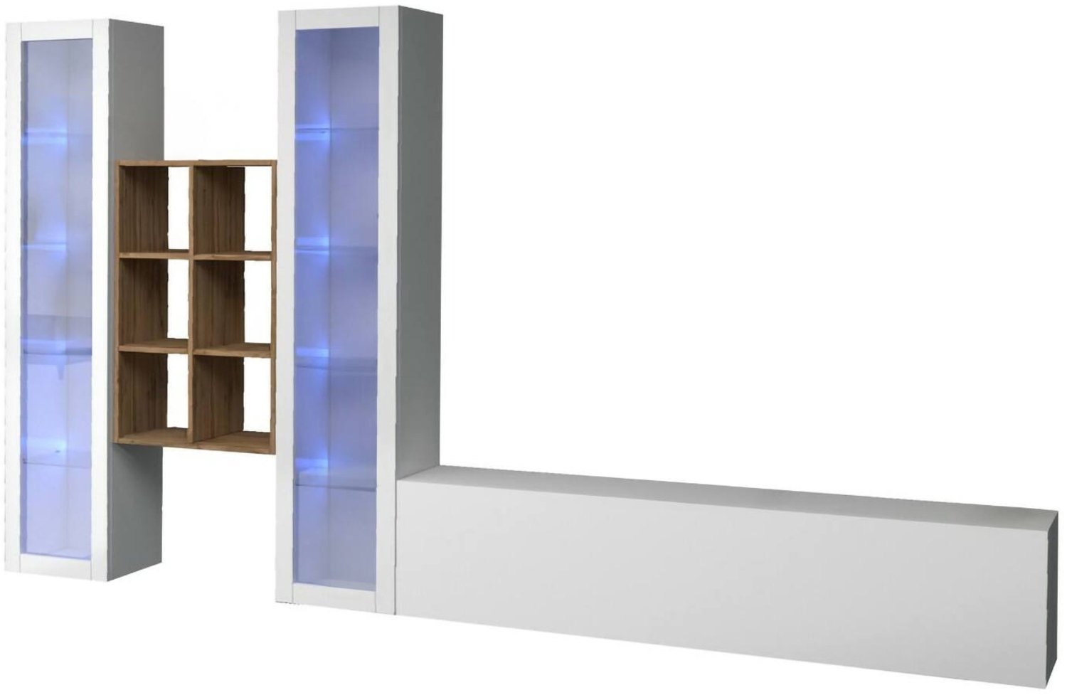 Dmora Ausgestattete Wand Lome, 3-türiges TV-Ständer-Wohnzimmerset, Mehrzweck-Wohnzimmermöbel mit Vitrine und LED-Licht, 100 % Made in Italy, 320 x 30 x 180 cm, glänzendes Weiß, Bild 1