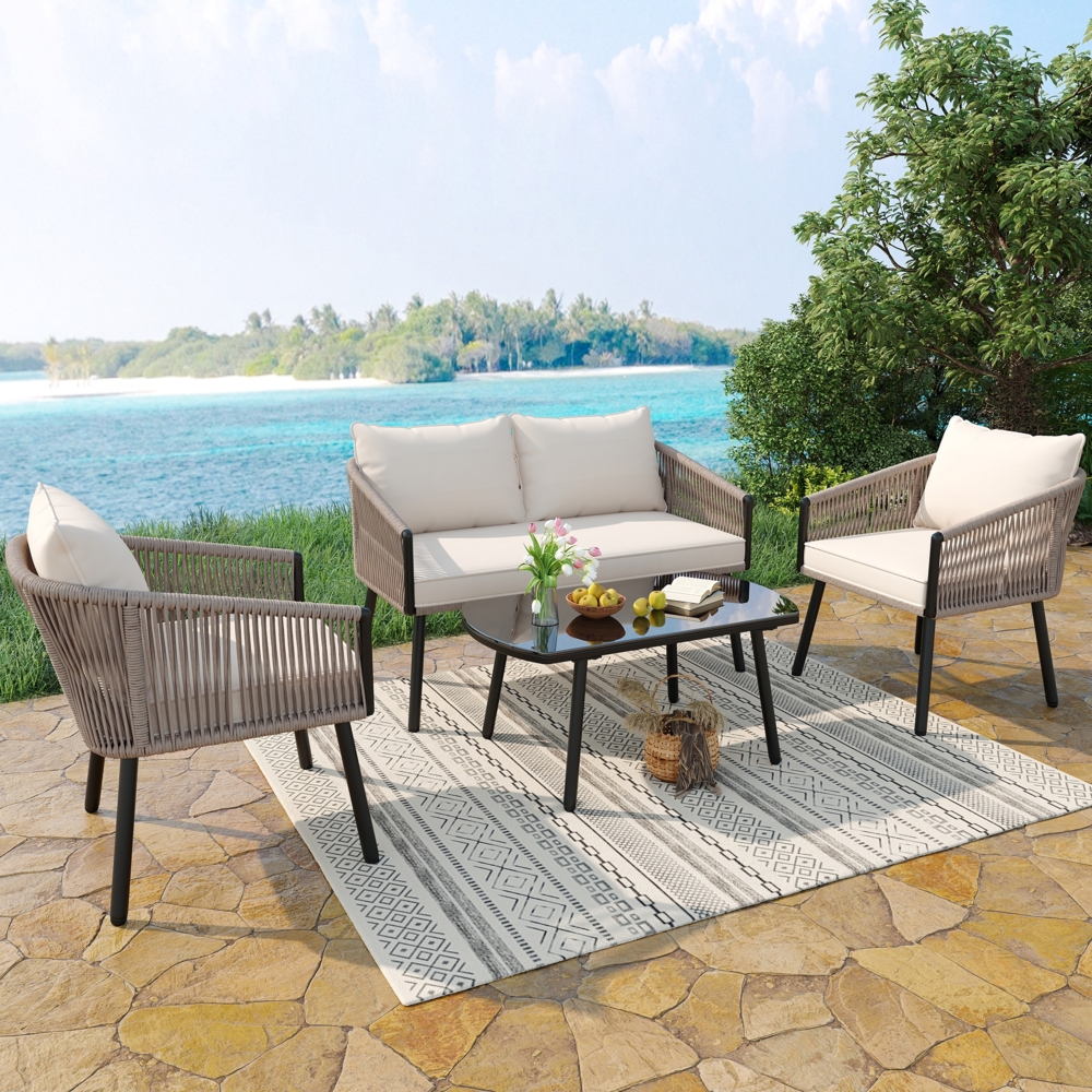 Merax Gartenlounge-Set 4-Sitzer Seil Gartenmöbel, Doppelsofa 2 Sessel & Tisch mit Glasplatte, Beige Bild 1