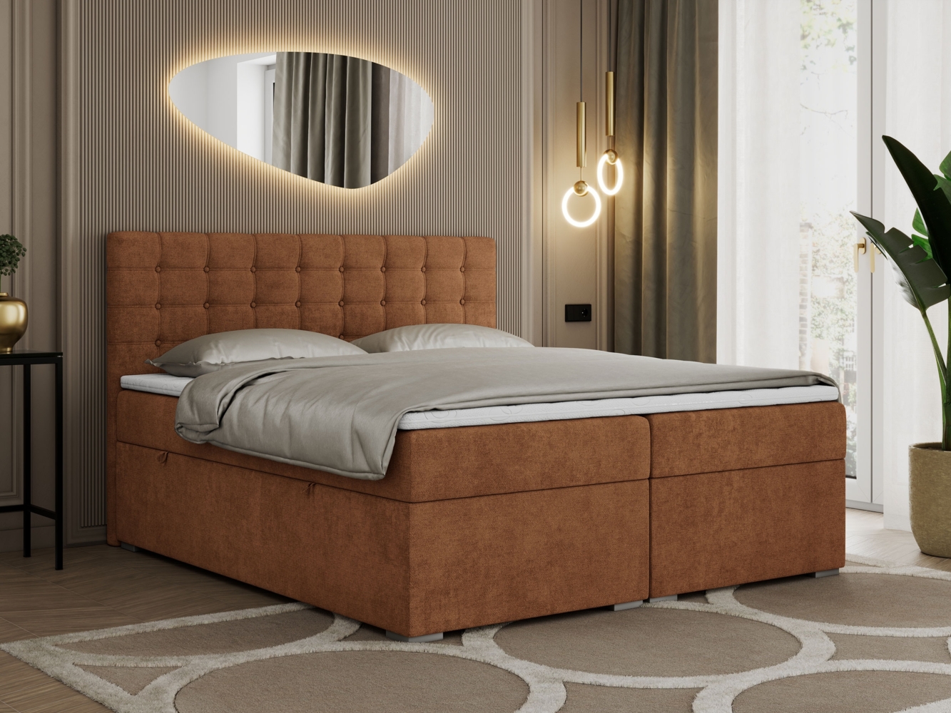 Boxspringbett, Deko Bed mit Matratze und Topper - SUSAN - 140x200cm - Orange Stoff - H3 Bild 1