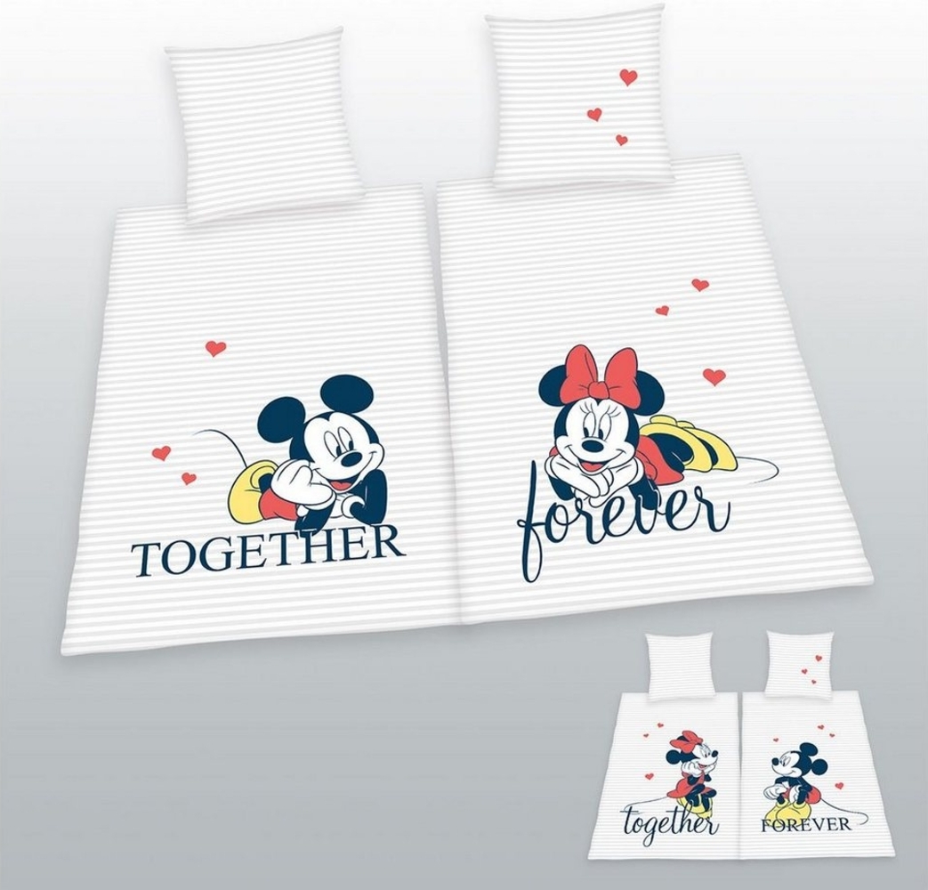 Herding Bettwäsche 4 tlg. Partnerbettwäsche Disney Herding Partner Winter Wende Bettwäsche 135x200 cm Baumwolle Renforce Herz Liebe Love Retro romantisch Minnie Micky Mouse 4 teilig WEIß, Renforce, 4 teilig, romantsich, Disney Minnie Mouse, Zeichentric... Bild 1