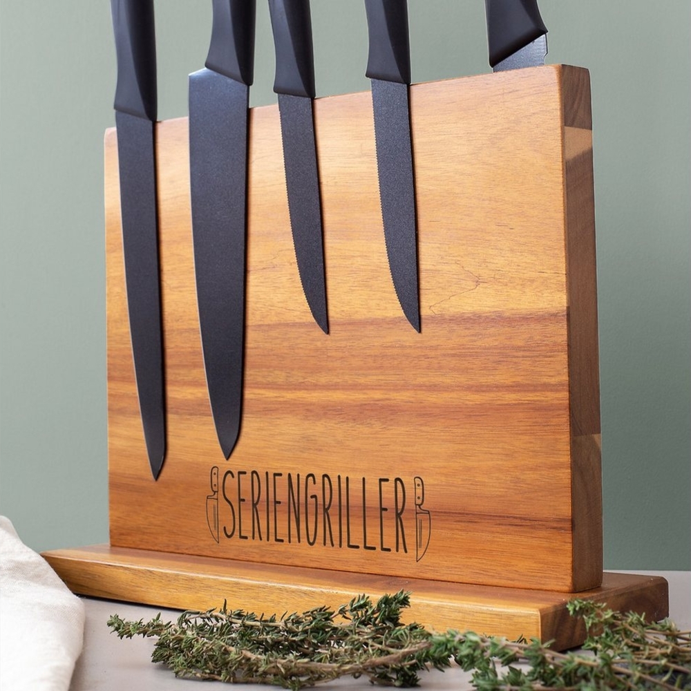 hellomini Magnet-Messerblock Messerblock Akazie magnetisch für bis zu 7 Messer Seriengriller (1tlg), Starker Magnet, Akazienholz, Individuelles Design, Stabil Bild 1