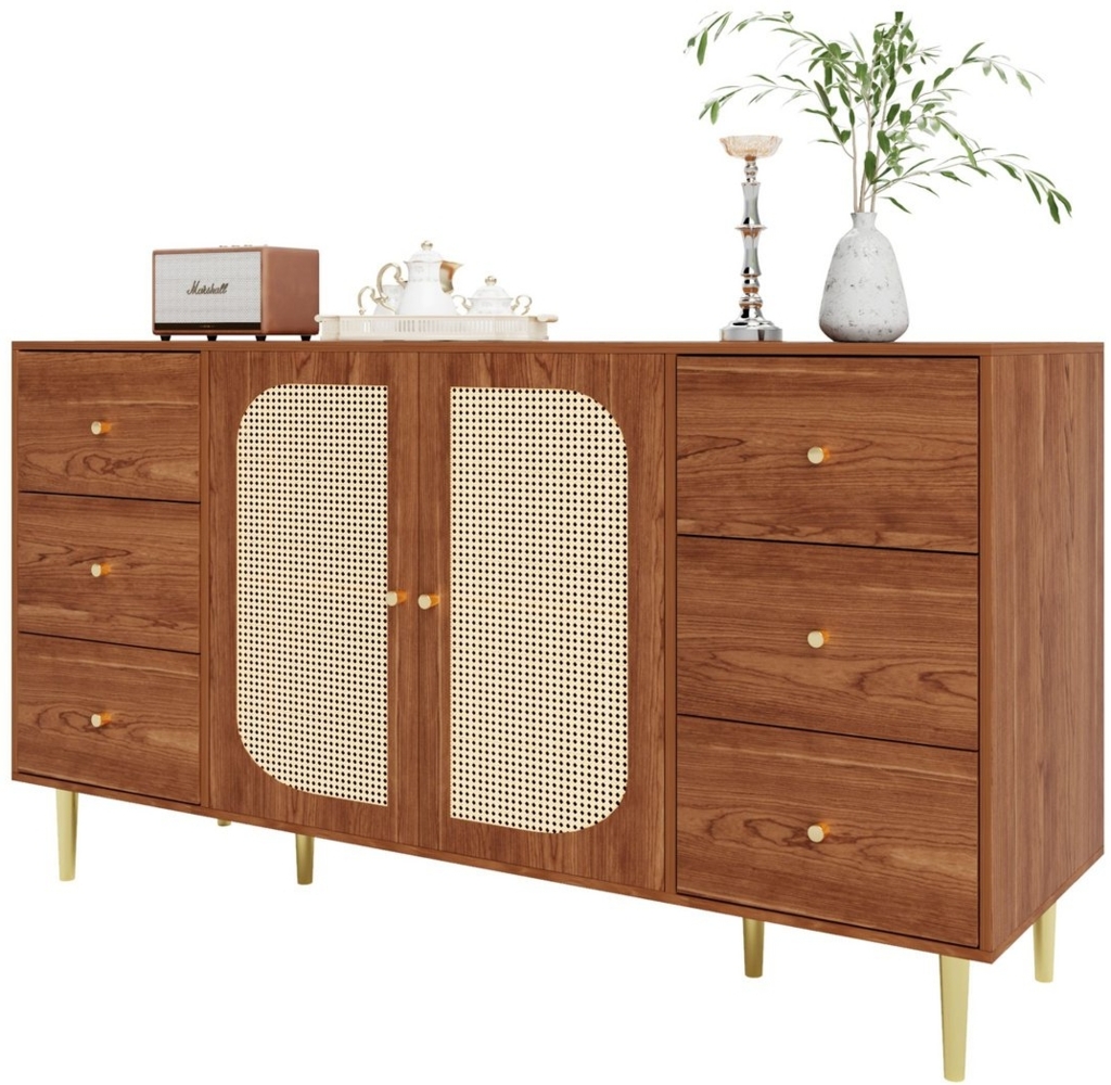 SeedWave Sideboard Holz-Sideboard mit 6 Schubladen, Rattantüren, Anti-Kollisionsdesign, Geräumige & sichere Aufbewahrungslösung, 160 x 40 x 90 cm Bild 1