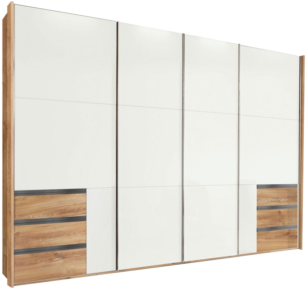Schwebetürenschrank Level Kleiderschrank Synchronöffnung 300x65x216cm plankeneiche Weißglas Bild 1
