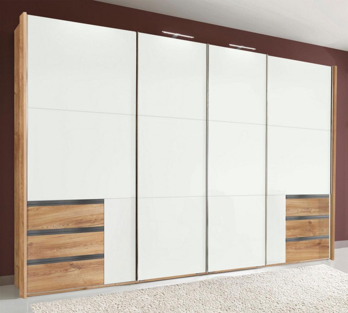 Schwebetürenschrank Level Kleiderschrank Synchronöffnung 300 x 65 x 216 cm plankeneiche Weißglas Bild 1