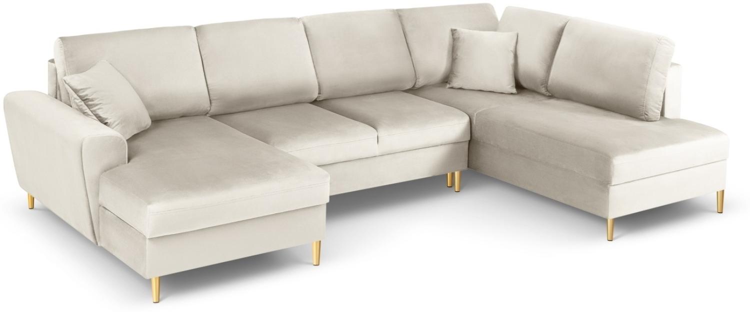 Micadoni 7-Sitzer Samtstoff Panorama Sofa Rechts mit Box und Schlaffunktion Moghan | Bezug Light Beige | Beinfarbe Gold. Bild 1