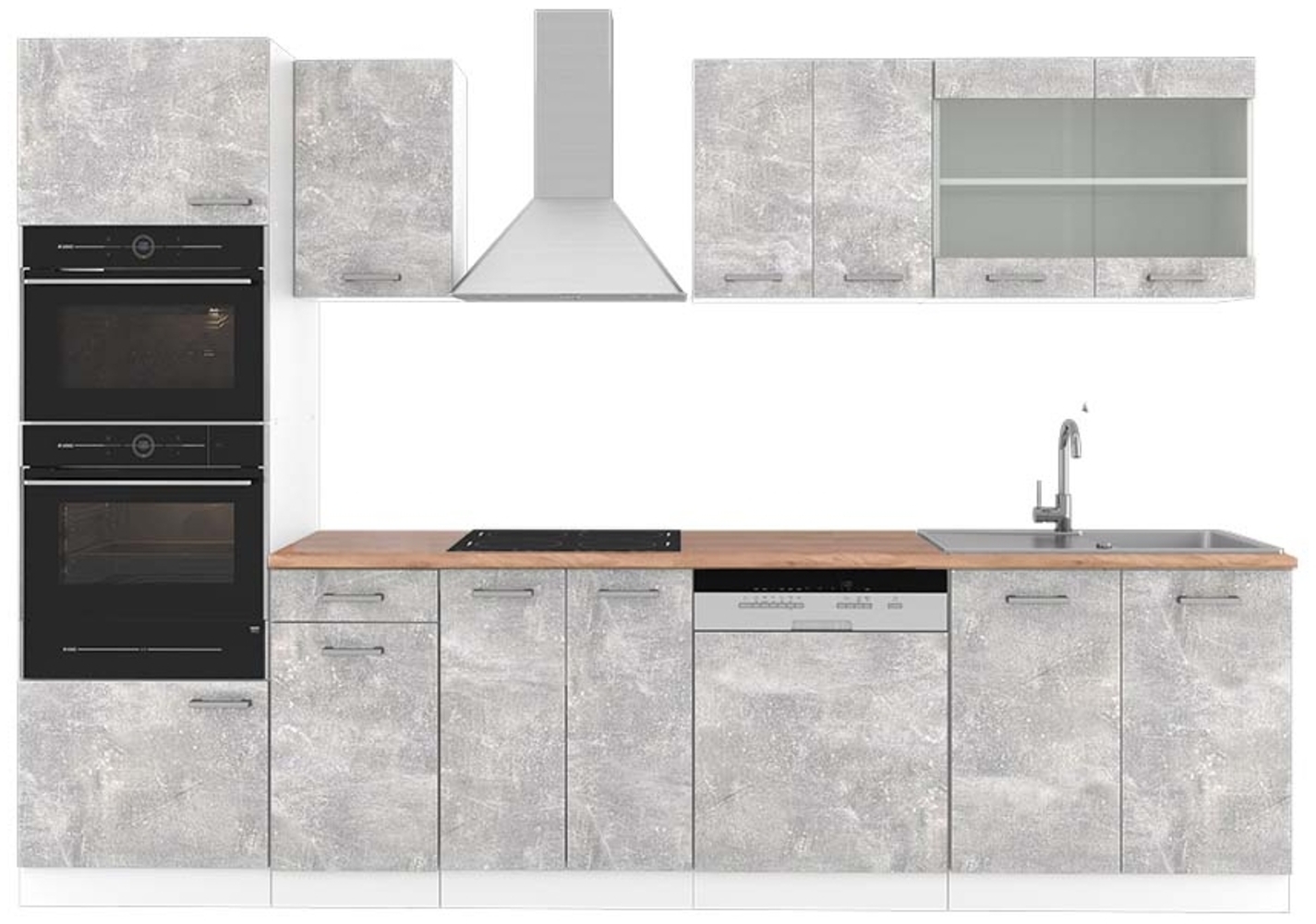 Küchenzeile R-Line Beton/Weiß 300 cm mit Hochschrank, AP Eiche Vicco Bild 1