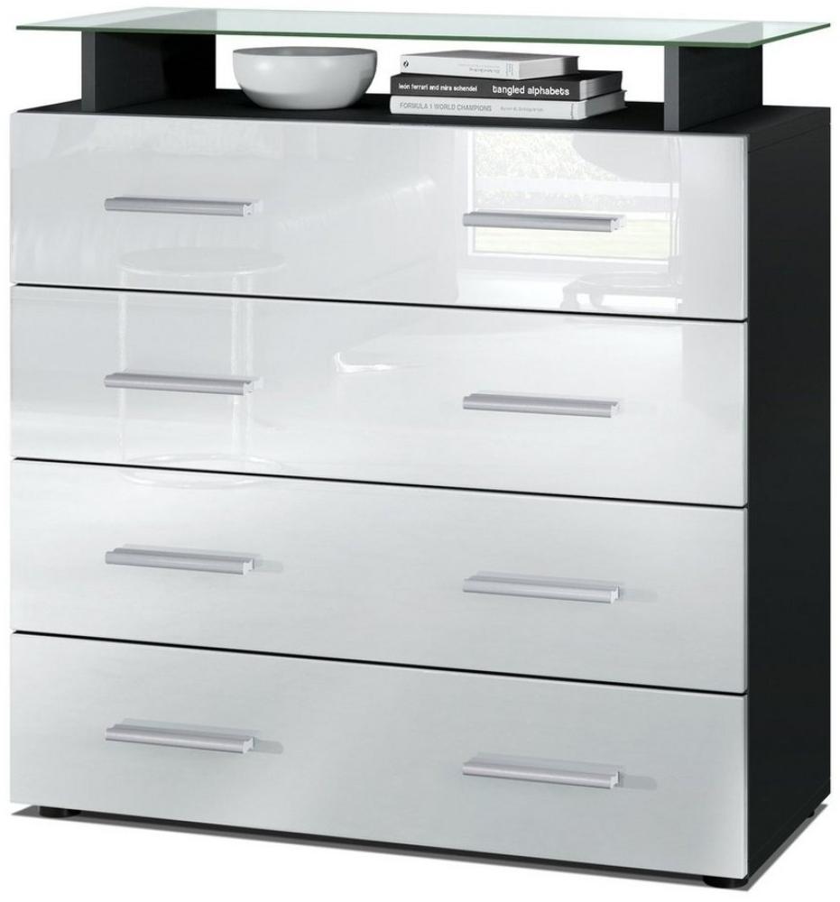 Vladon Sideboard Pavos V2, Kommode mit 4 Schubladen und Glasablage, Schwarz matt/Weiß Hochglanz (76 x 81 x 35 cm) Bild 1