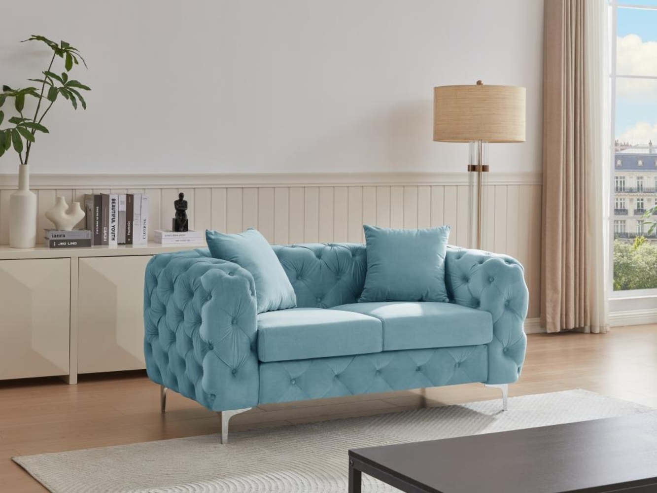 Vente-unique - Chesterfield-Sofa 2-Sitzer - Samt - Pastellblau - EDWINA Bild 1