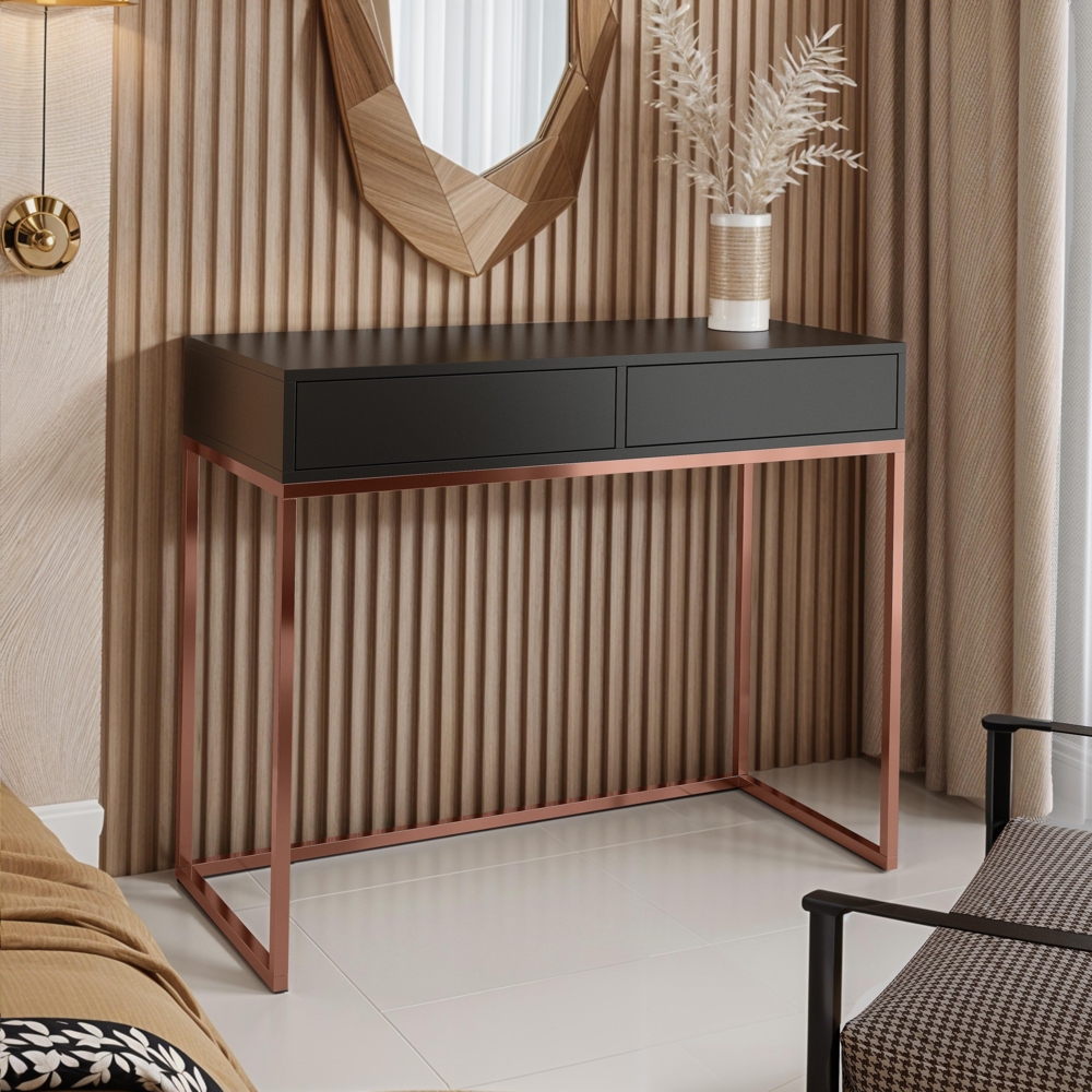AX LIVING Schminktisch Schwarz Lortie 100 cm Schubladen Kupfer-Gestell Bild 1