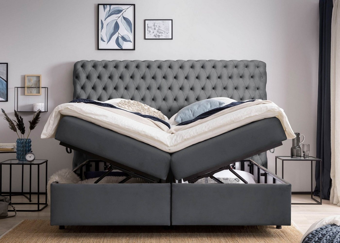 BettCo Stauraumbett Boxspringbett mit Bettkasten Valencia (in Dunkelgrau Velours, 160x200 cm), Chesterfield Design, Topper optional, Schwebeoptik, Kostenloser Aufbau Bild 1