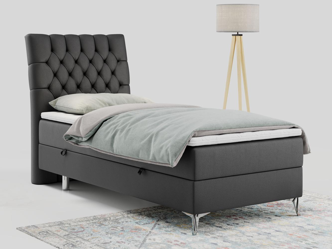 Boxspringbett MILEN, Einzelbett 90x200, Polsterbett mit Multipocket-Matratze und Topper - Dunkelgrau Kunstleder - links - H4 Bild 1