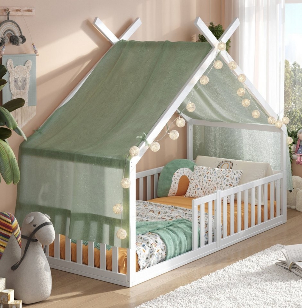 Alavya Home® Hausbett Bodenbett DREAM SET mit Deko optional Matratze I FSC zertifiziert (Hausbett 80x160 cm SET mit Decoration Khaki, Rausfallschutz & Lattenrost Kinderbett 80x160), bodentiefes Jugendbett weiß massiv BUCHE für Junge Mädchen Bild 1