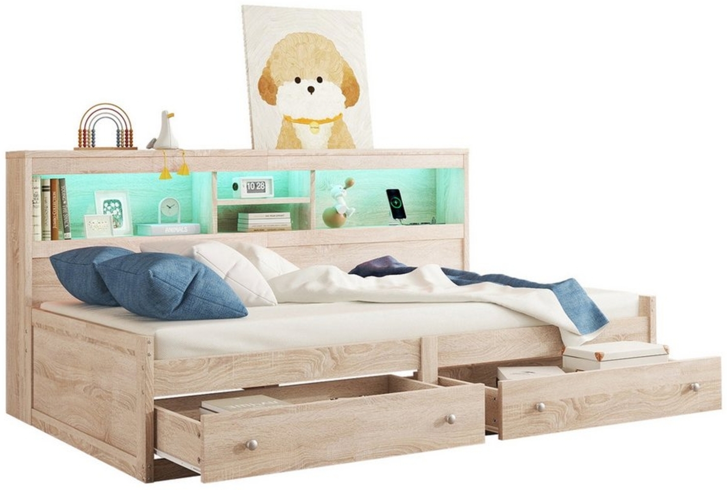 REDOM Kinderbett Tagesbett Daybett Stauraumbett Einzelbett Jugendbett (Schlafsofa mit Nachtkästchen, zwei USB-Anschlüssen und Ambiente-Beleuchtung, inklusive Schubladen und Lattenrost, 90 x 200 cm), ohne Matratze Bild 1