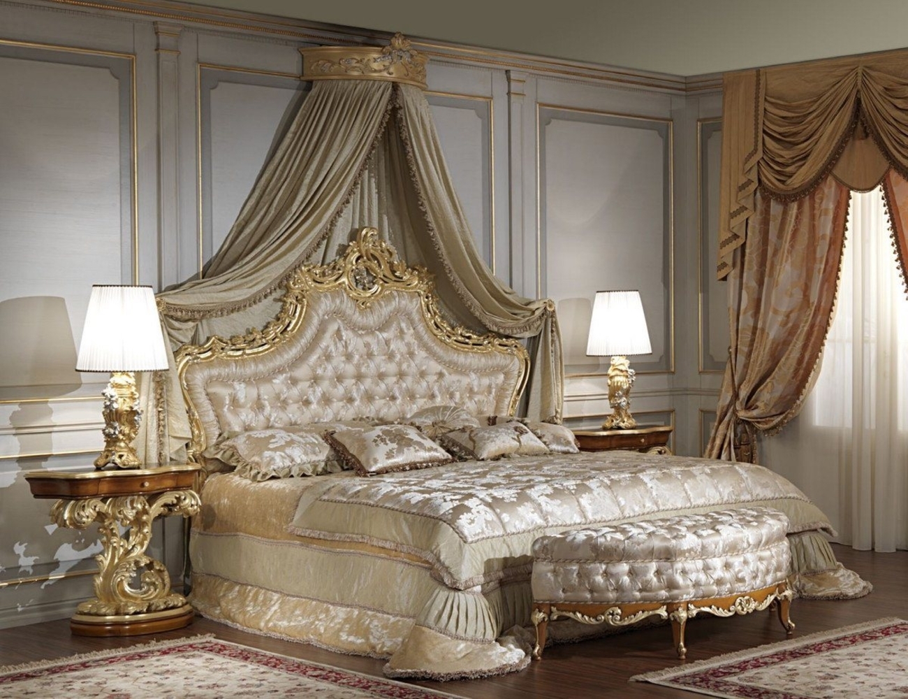 Casa Padrino Bett Schlafzimmer Set - 1 Doppelbett mit Kopfteil & 1 Baldachin & 2 Nachttische & 1 Sitzbank - Schlafzimmer Möbel - Hotel Möbel - Edel & Prunkvoll Bild 1