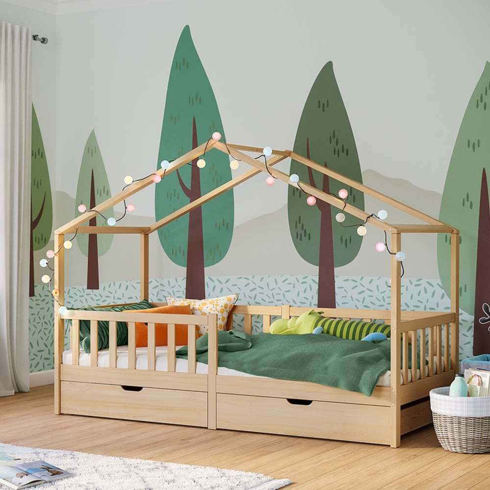 Bellabino 'Bia' Hausbett 90x200 cm mit 2 Schubladen, natur, Kiefer Massivholz, Montessori Kinderbett mit Stauraum, inkl. Rausfallschutz und Lattenrost Bild 1