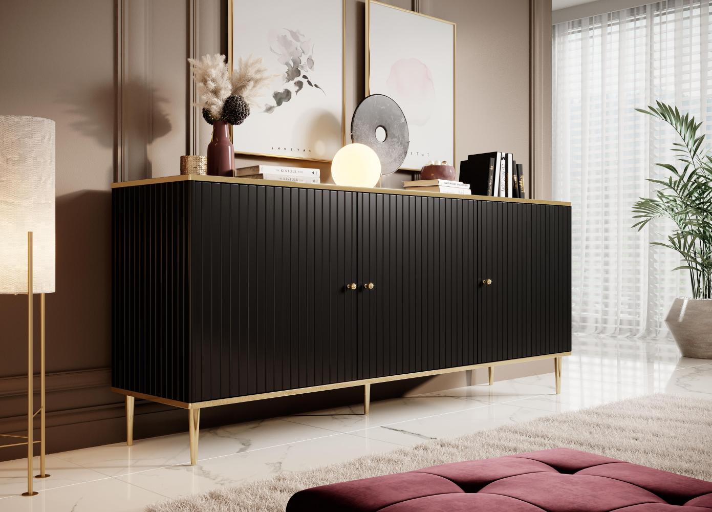 Domando Sideboard Cannobio Klassisch Breite 180cm, Griffe und Füße aus Metall, gebürstete Metallkante in Gold, gefräste Fronten in Schwarz Matt Bild 1