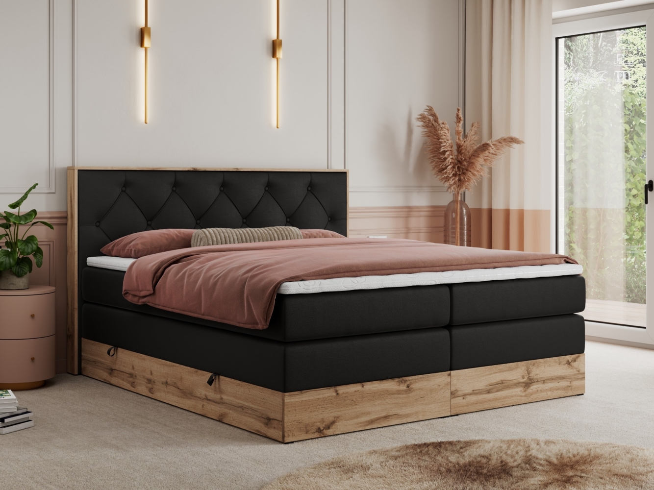 Boxspringbett VENETO KING, Doppelbett mit Multipocket-Matratze, Polsterbett mit Kopfstütze - 200 x 200 cm - Schwarz Kunstleder - H3 Bild 1