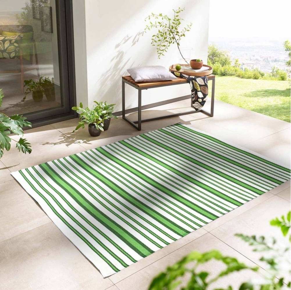 TaraCarpet Teppich TaraCarpet Outdoor Teppich Santa Monica wetterfest, rechteckig, Höhe: 3 mm, Kurzflor grün weiß gestreift Balkon Garten Terrasse Camping 120x170 cm Bild 1