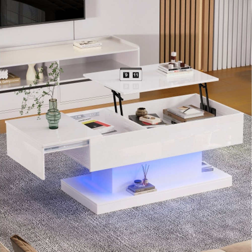 XDeer Couchtisch Hochglanz-Lift-Teetisch LED Couchtische Kaffeetisch Halbhebbares, Tischblatt und verschiebbares Design Stauraum Bild 1