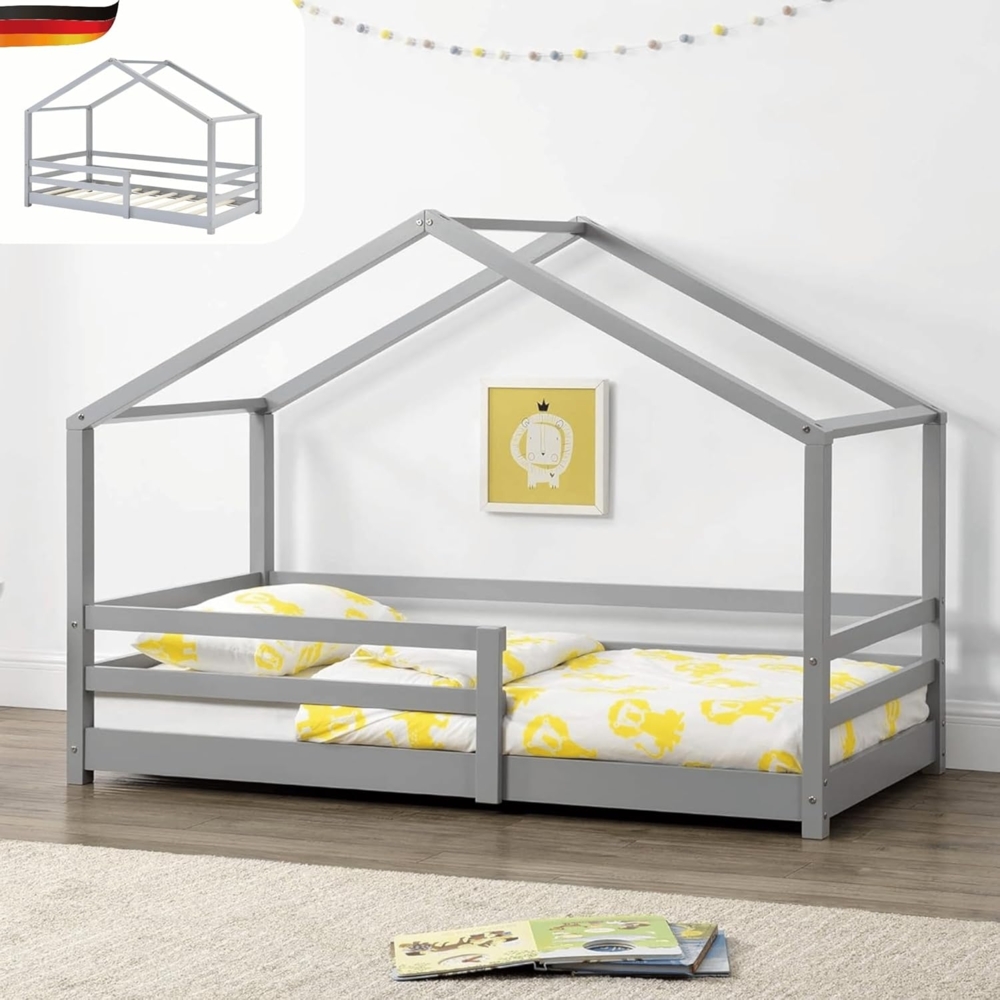 DELUKE® Kinderbett 80x160 cm TRUDA - mit Lattenrost und Fallschutz Kiefernholz Haus-Design Einzelbett Hausbett Kinderzimmer Bodenbett Montessori Bett Grau Bild 1
