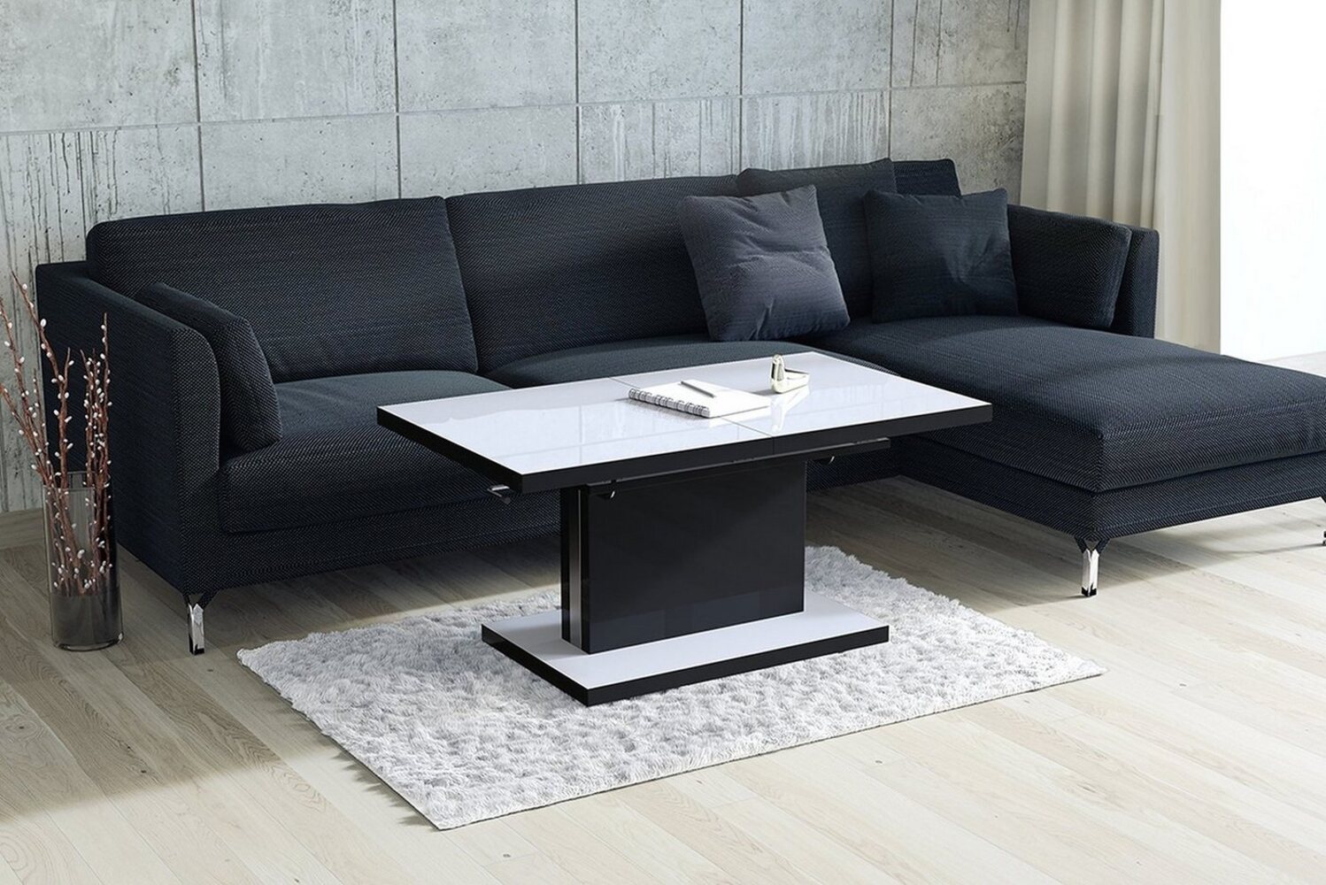 Mazzoni Couchtisch Aston Weiß-Schwarz Hochglanz höhenverstellbar ausziehbar 120 - 200 cm, Funktionstisch, Wohnzimmertisch, Tisch, Esstisch, Sofatisch Bild 1