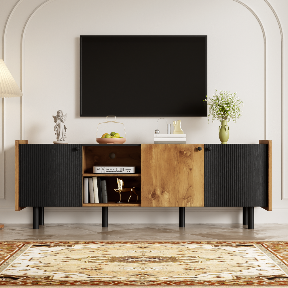 Merax 160 cm Schwarzer und Holzfarbener TV-Schrank – Moderner Stil mit Drei Türen und Zwei Offenen Fächern Bild 1