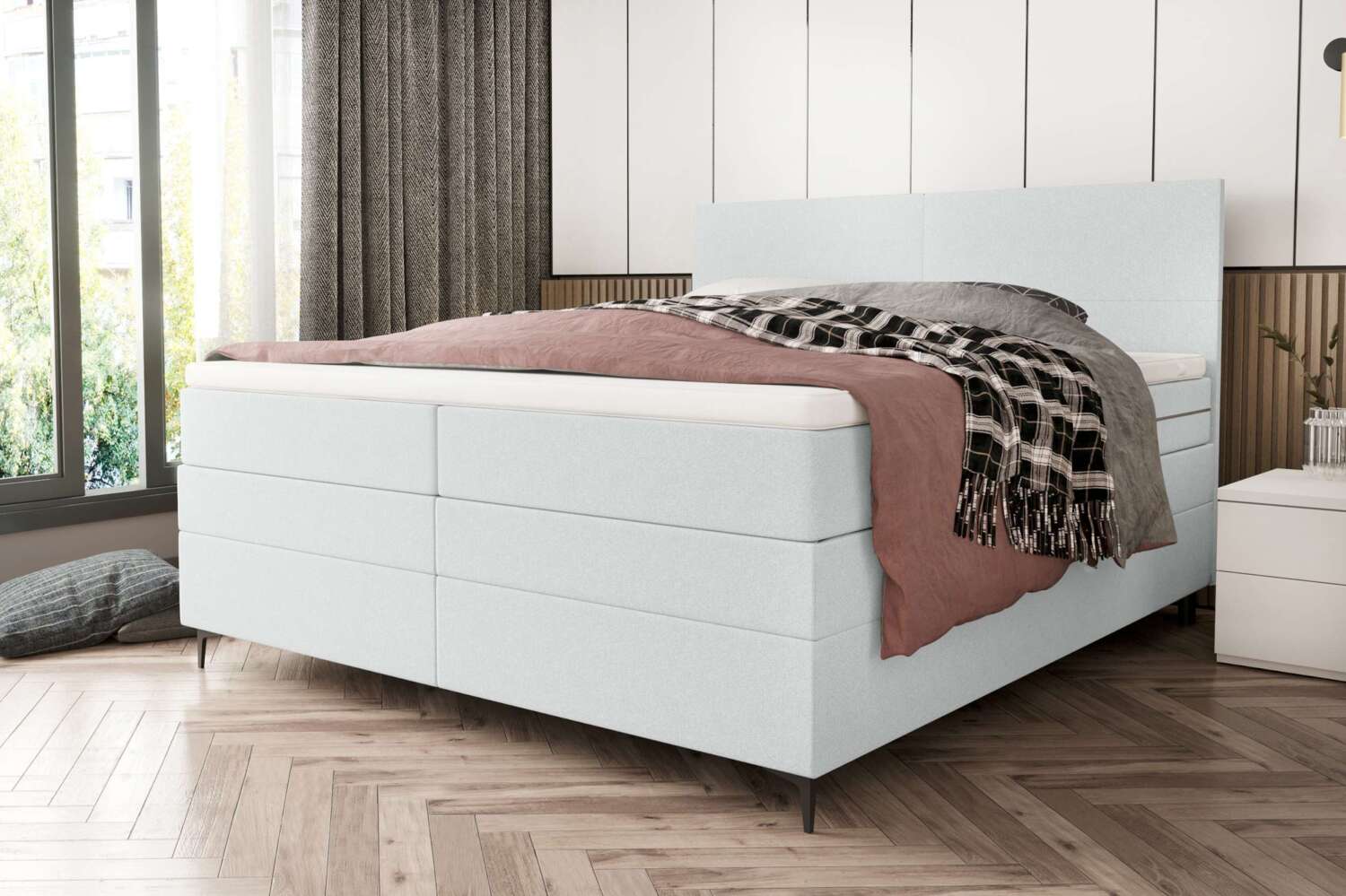 99rooms Maximus Boxspringbett 140x200 cm Strukturstoff NEVE Hellgrau Bild 1