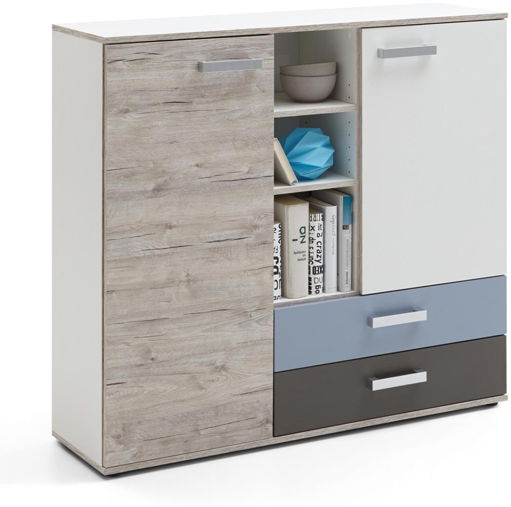 Highboard Kommode LEEDS-10 mit 2 Türen und 2 Schubkästen, Sandeiche Nb./weiß/Lava/Denim, B x H x T ca. 116,9 x 105 x 33 cm Bild 1