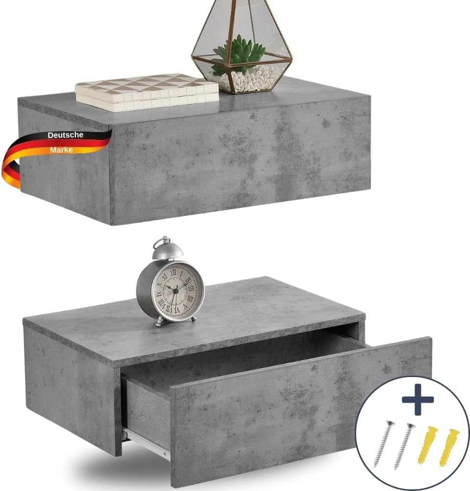 DELUKE® Nachttisch 2er Set hängend TOPO - Wandmontage Wandregal mit Schublade Wandschrank hängend Nachtschrank hängend Wandmontage Nachtkästchen Beton Bild 1