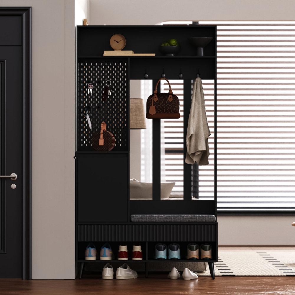 Moderner Garderobenbaum Schwarz mit Sitzbank und Stecktafel All-in-One Garderobe für Diele mit 4 Haken Schubladen Regal Aufbewahrungsschrank 180 cm Höhe Kippsicherung bodenfrei Design, 180cmx35cmx100cm, Schwarz Bild 1