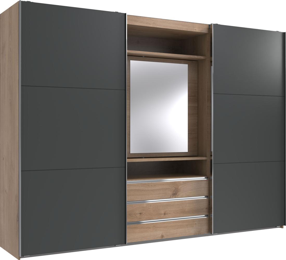 Schwebetürenschrank >MAGIC< in PLANKENEICHE NB + GRAPHIT - 300x216x65cm (BxHxT) Bild 1