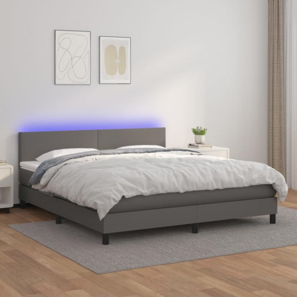 vidaXL Boxspringbett mit Matratze und LED-Beleuchtung, Kunstleder grau, 160x200 cm Bild 1