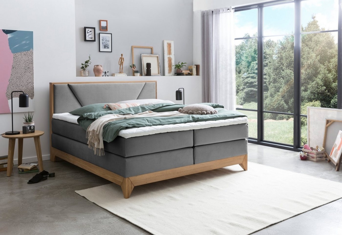 Belanoti Boxspringbett Riviera (Boxspringbett 160x200 Eiche 7-Zonen Taschenfederkern Matratze inkl, Visco Topper Bett 160x200 in der Farbe Anthrazit H2/H3 Polsterbett), Hotelbett mit Massivholz Eiche Massivholzbett Bild 1