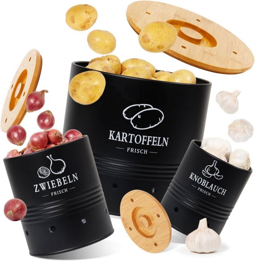 Zedelmaier Vorratsdose Vorratsdosen für Kartoffeln,Zwiebeln,Knoblauch, Runden, (Set, Set of 3, ZDT04&5), 360° Luftzirkulation, mit Bambusdeckel, Hält das Gemüse frisch Bild 1