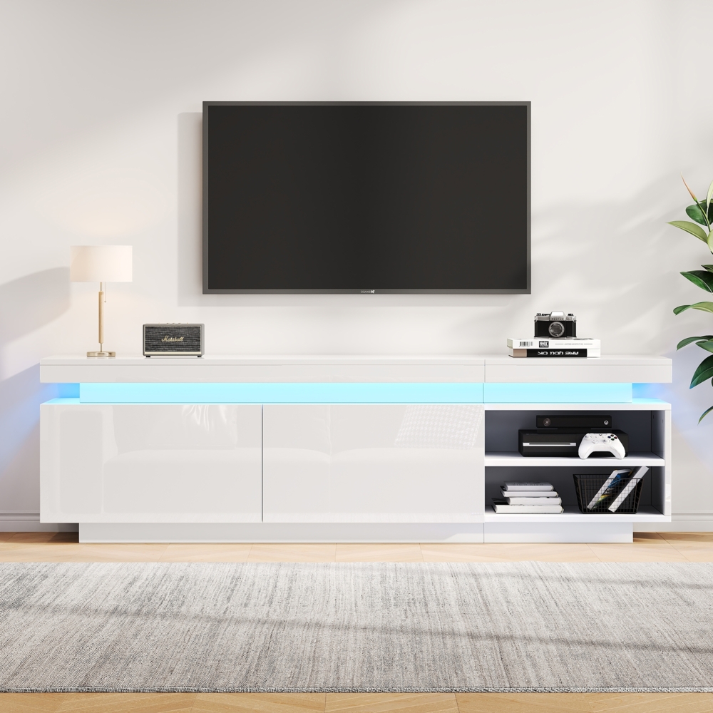 Merax Moderner Lowboard Hochglanz-TV-Schrank mit LED-Beleuchtung, TV-Board, TV-Kommode, geeignet für 75-Zoll-TVs,Tisch, universeller Gaming-Medienständer, Aufbewahrungsschrank und großer Stauraum, weiß Bild 1