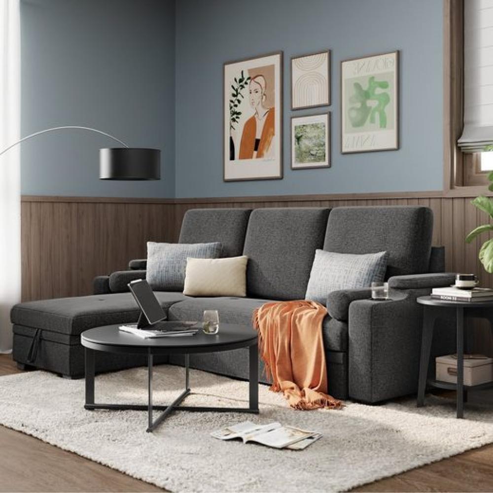 Vasagle Sofa L Form, Schlafsofa, Couch mit Stauraum, Schlaffunktion, Bettsofa mit Getränkehalter, modern, für Wohnzimmer, Schlafzimmer, Dunkelgrau Bild 1