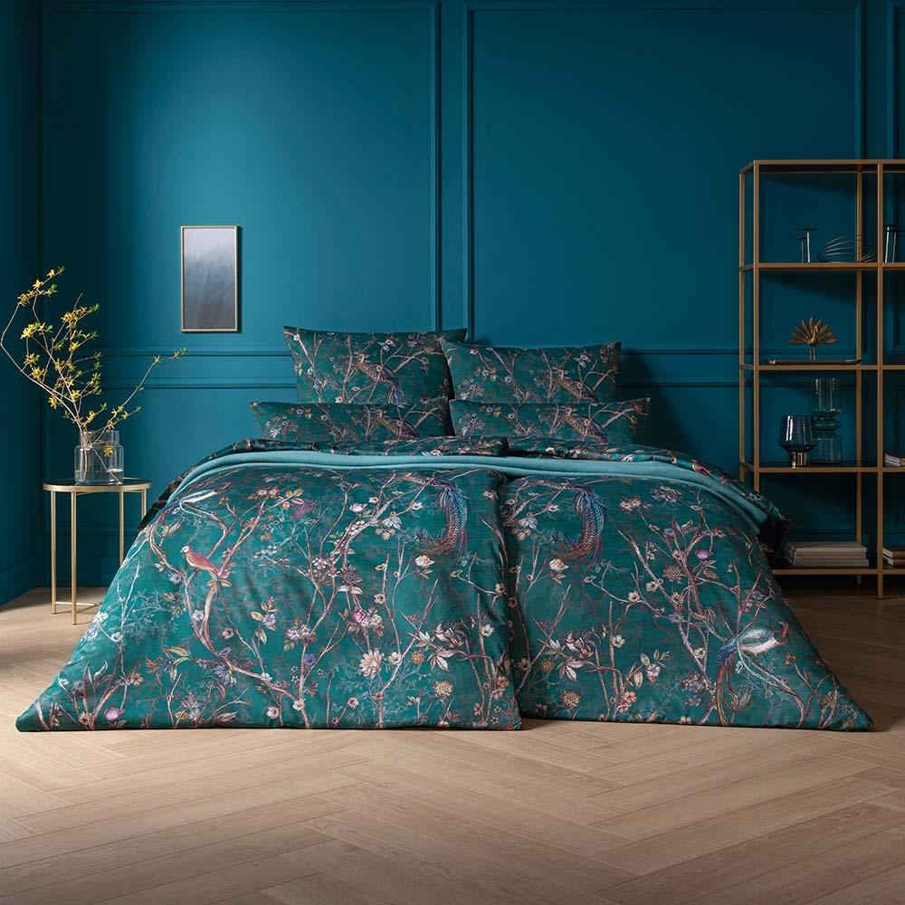 Estella Mako-Satin Bettwäsche 155x220 Marcella blautanne Vögel Äste Blüten 7955-581 Bild 1