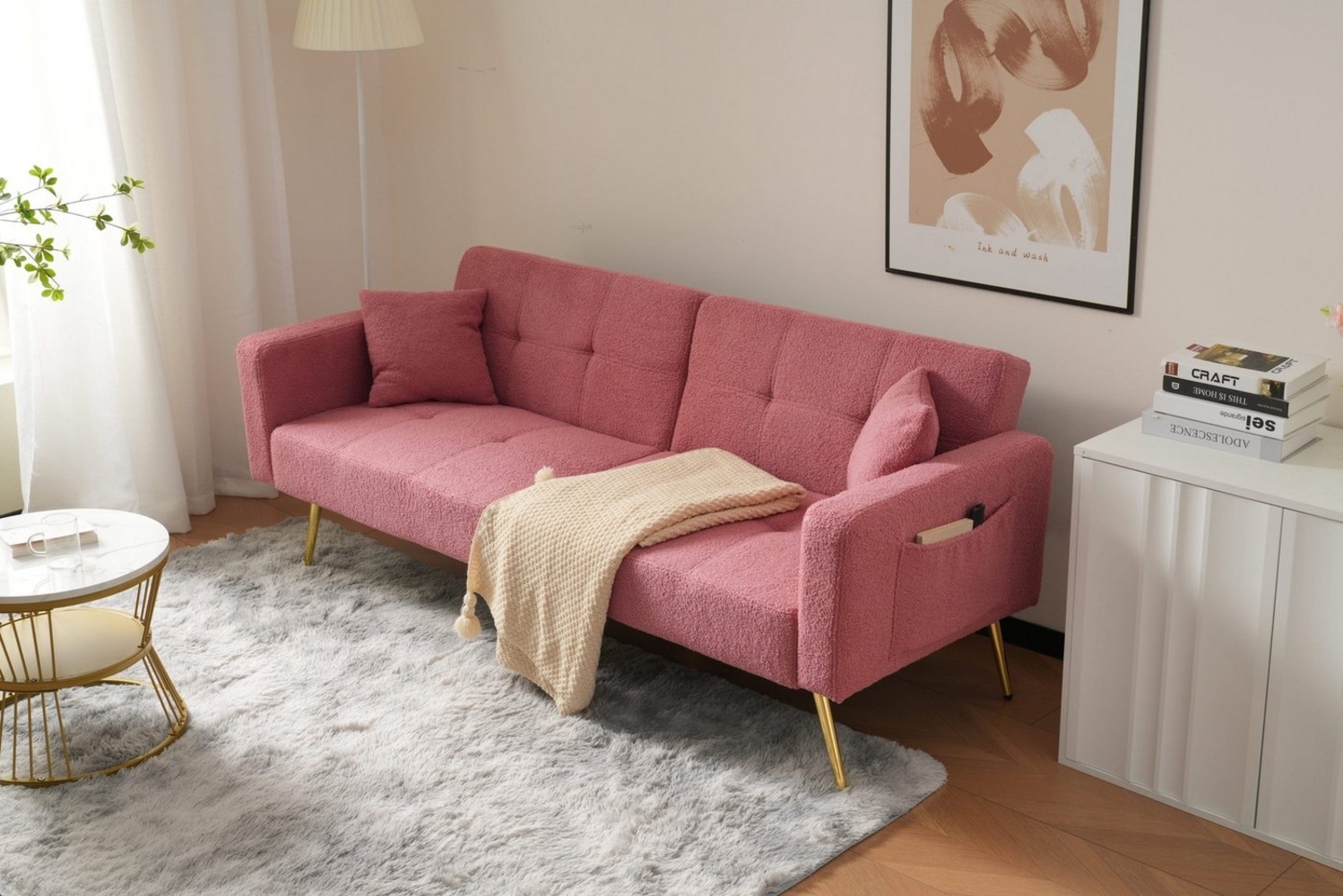 HAUSS SPOLE Schlafsofa mit Bettfunktion, verstellbarem Winkel, Kissen, goldenen Beinen Rosa, Bettsofa,Klappsofa,Gästebett, verstellbarem Winkel Bild 1