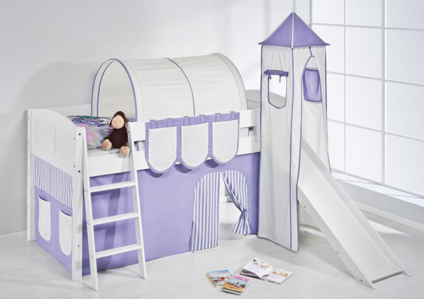 Lilokids 'Ida 4106' Spielbett 90 x 200 cm, Lila Beige, Kiefer massiv, mit Turm, Rutsche und Vorhang Bild 1