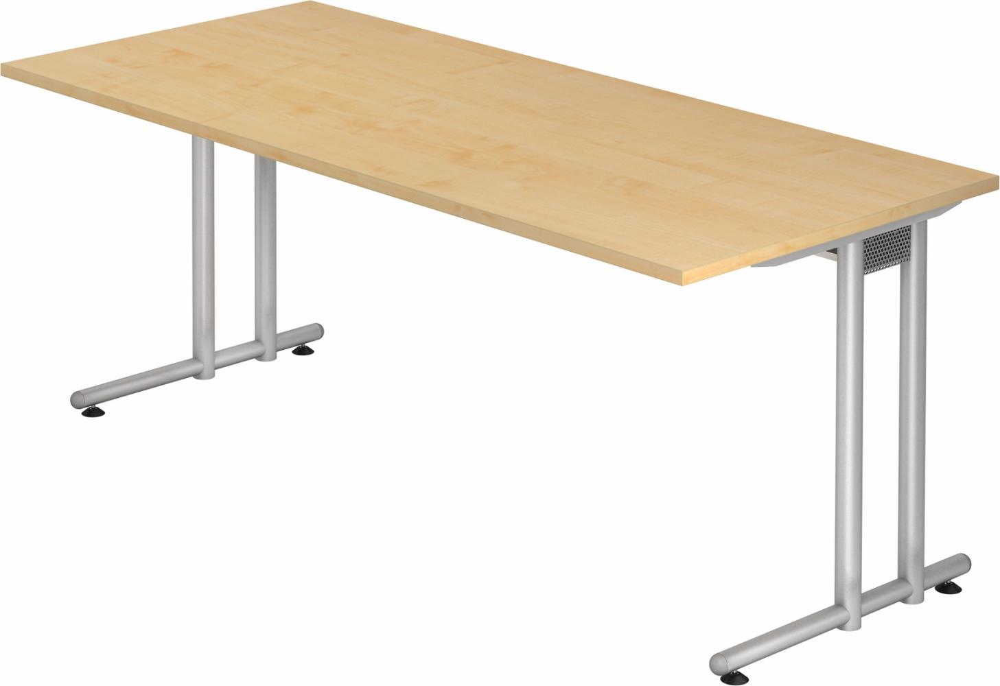 bümö Schreibtisch groß, N-Serie 180x80 cm, Tischplatte aus Holz in Ahorn, Gestell aus Metall in Silber - PC Tisch, großer Computertisch für's Büro, Office Bürotisch, NS-19-3-S Bild 1