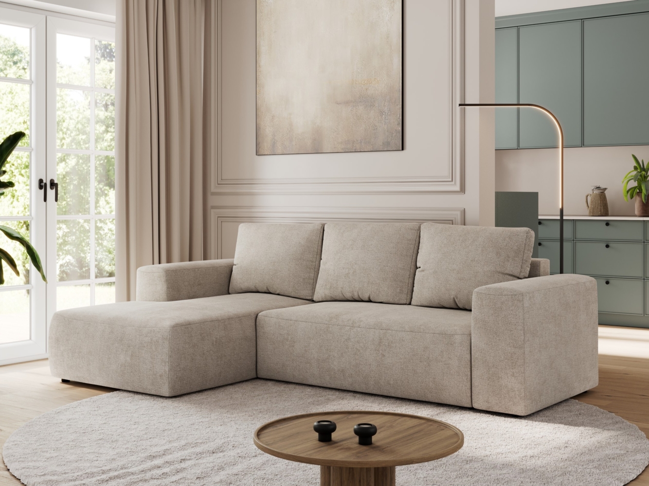 Ecksofa mit Schlaffunktion, Bettkasten und losen Kissen für das Wohnzimmer - TRENTINO - Beige Stoff - links Bild 1