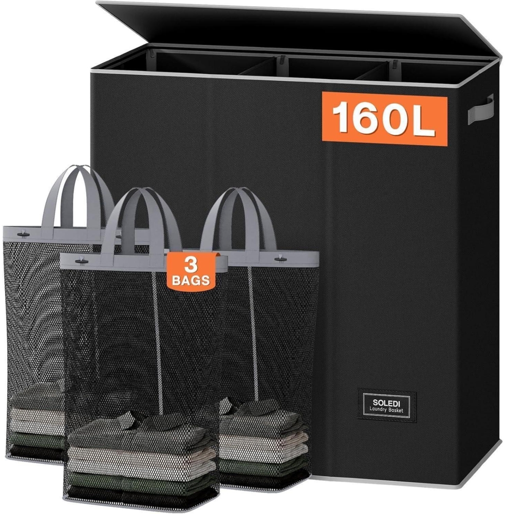 SOLEDI 160L Wäschekorb XXL mit Deckel und 3 Wäschesack Bild 1