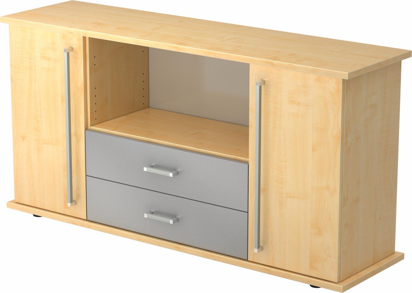 bümö Sideboard Ahorn mit Flügeltüren & Regal - Büromöbel Sideboard mit Schubladen Holz 166cm breit, 45cm schmal, Büro Schrank für Flur oder als Wohnzimmer-Kommode mit Chromgriff, SBTS-3-3-CE Bild 1