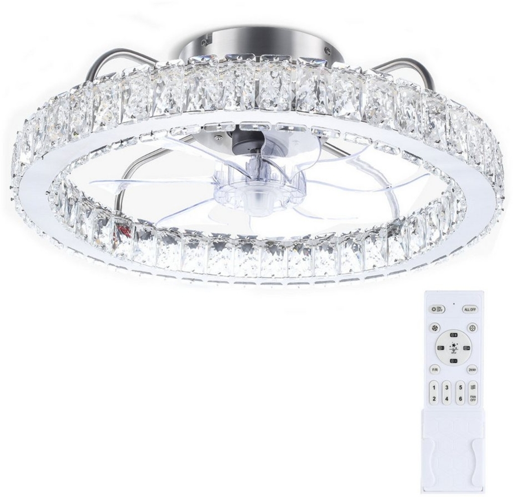 oyajia Deckenleuchte 36W LED Deckenlampe Deckenventilator, 6-stufiger Lüfter, Ø50cm, Kristall-Lampenschirm, LED fest integriert, Kaltweiß/Naturweiß/Warmweiß, LED Decken Ventilator Leuchte,Dimmbare LED-Beleuchtung für den Innen Bild 1