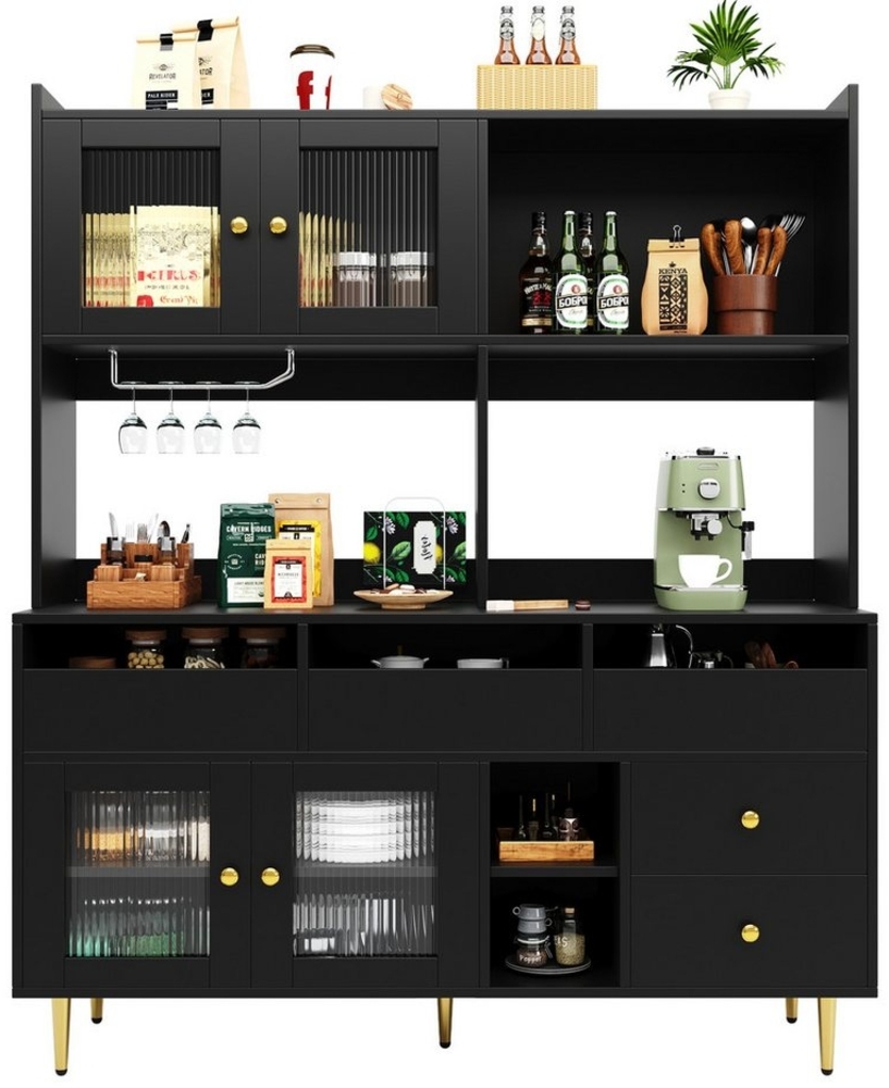 Celya Hochschrank Restaurant-Hochschrank,Glastür, Weinglasregal,mehrschichtigem Stauraum (145x39x171 cm) Holzstruktur und schwarze Oberfläche, modernes minimalistisches Design Bild 1