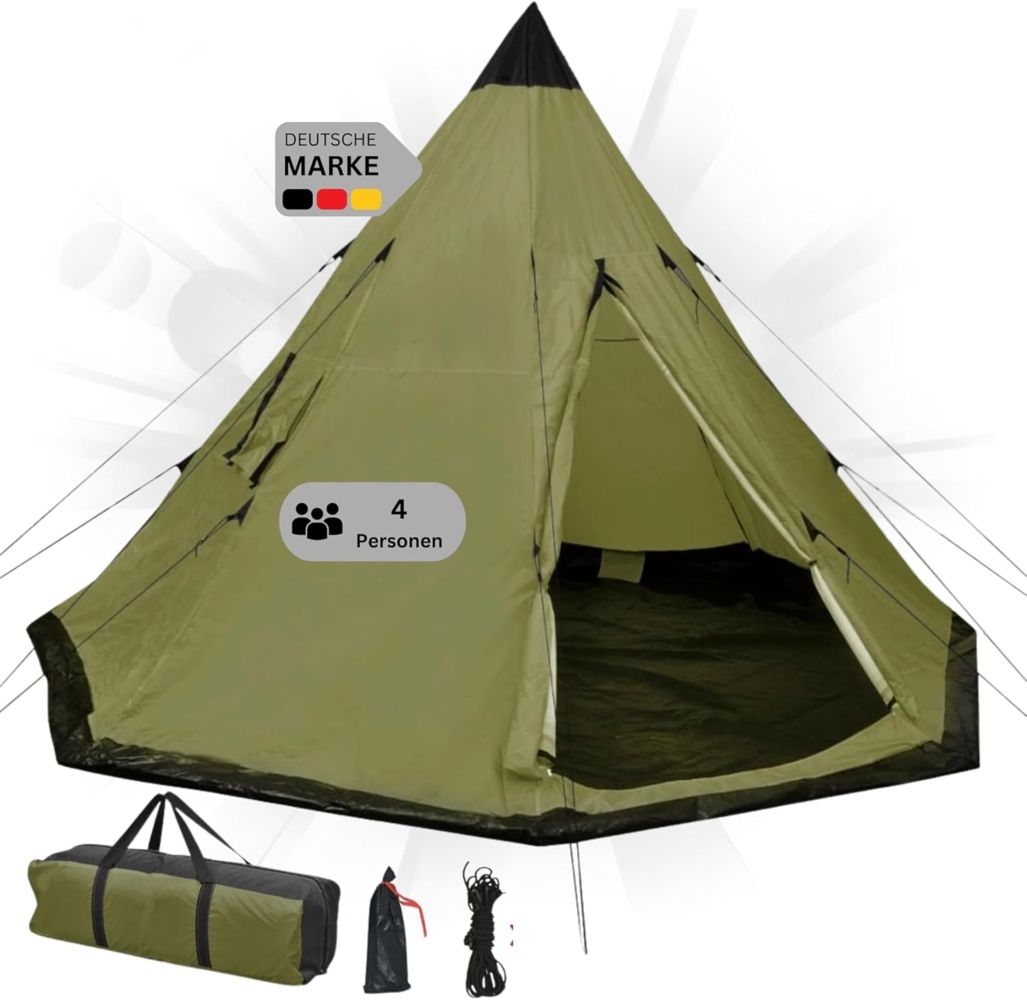 DELUKE® Campingzelt 4 Personen TIPI grün regenfest, atmungsaktiv Tipi Pyramidenzelt Familienzelt für 4 Personen Gruppenzelt Zelt Camping Zelt Outdoor Zelten Bild 1