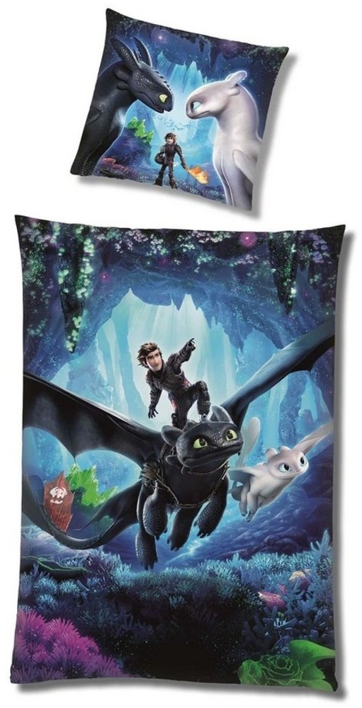 Dragons Drachenzähmen Bettwäsche Set 135x200 80x80 cm Blaue Fleece Bettwäsche für den Winter mit Reißverschluss Bild 1