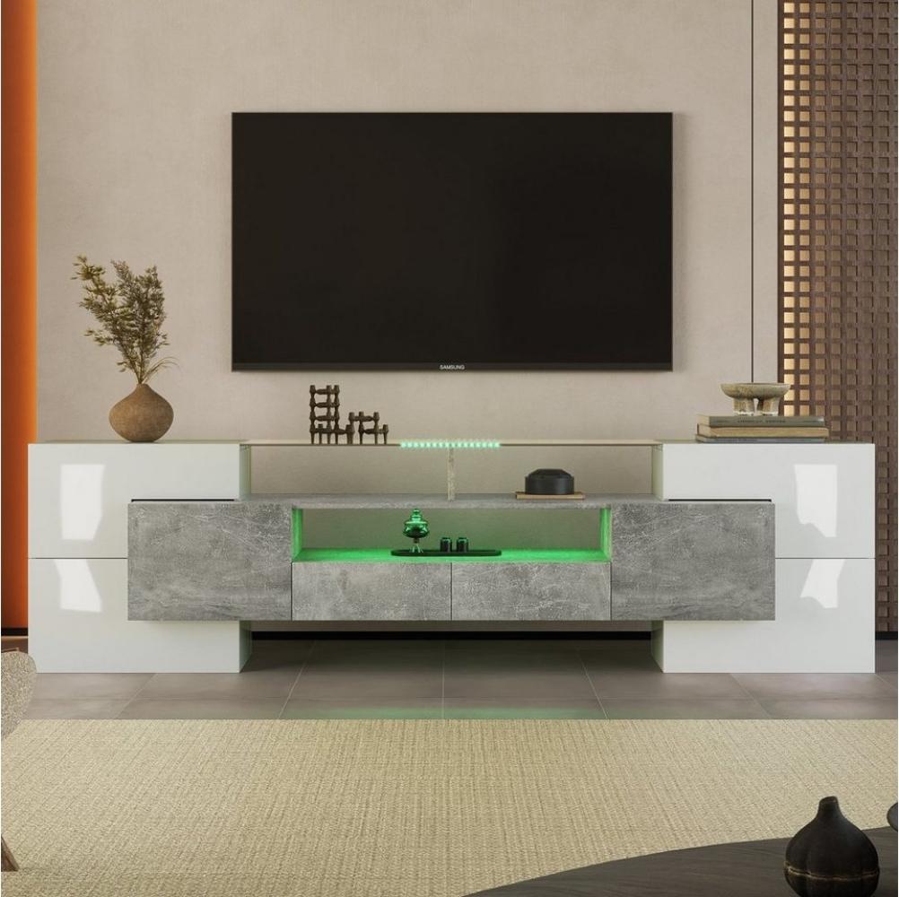 Merax Lowboard mit LED-Beleuchtung und Glasplatte, TV-Schrank mit hochglänzenden Korpus,Betonoptik,Breite 200 cm Bild 1